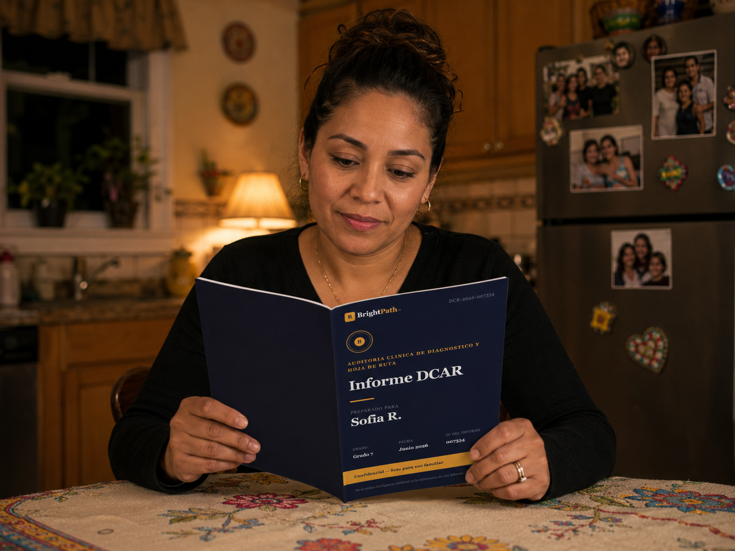 La mamá de Sofía leyendo el Informe DCAR