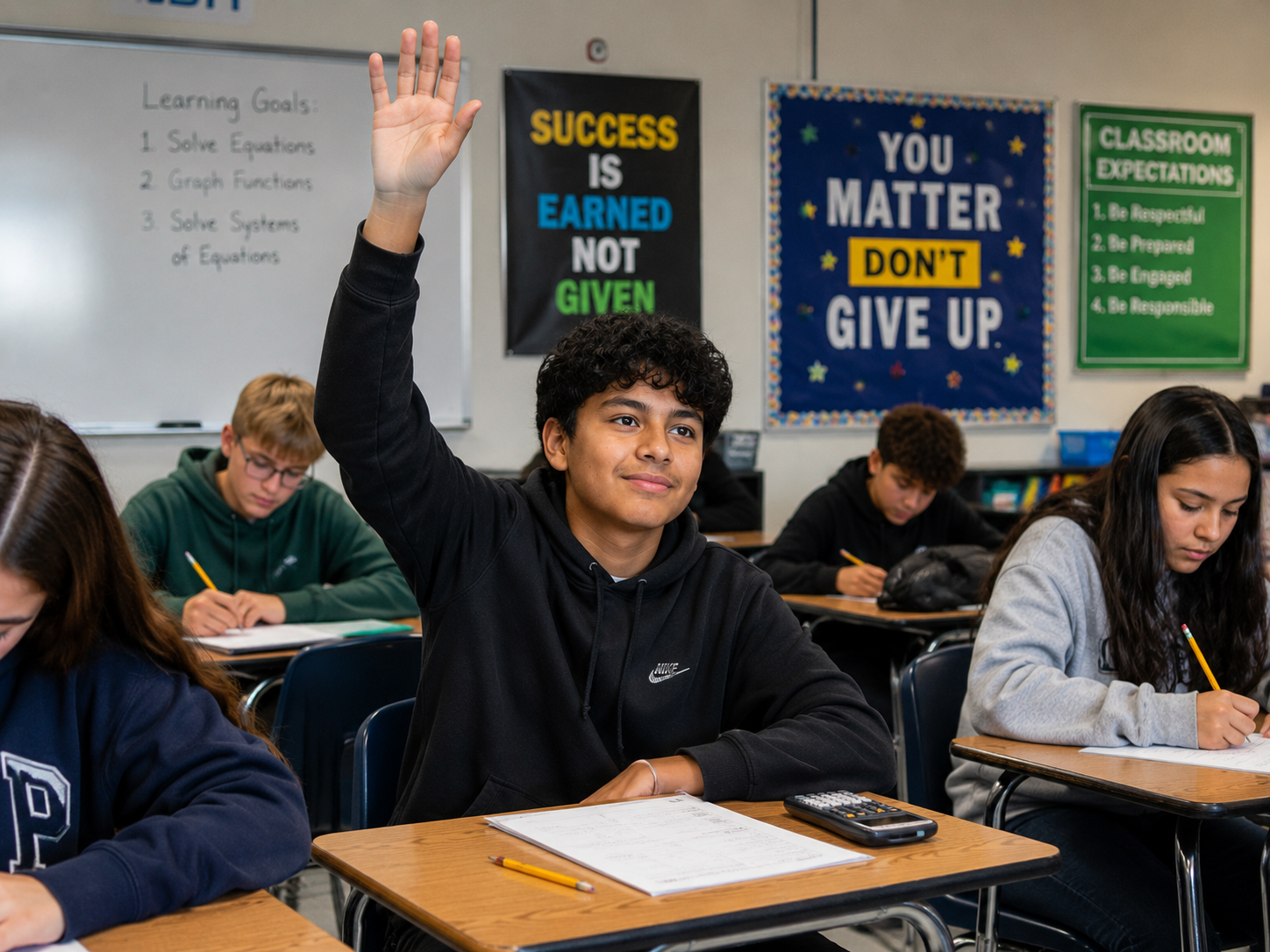 Student confident in class, hand raised
