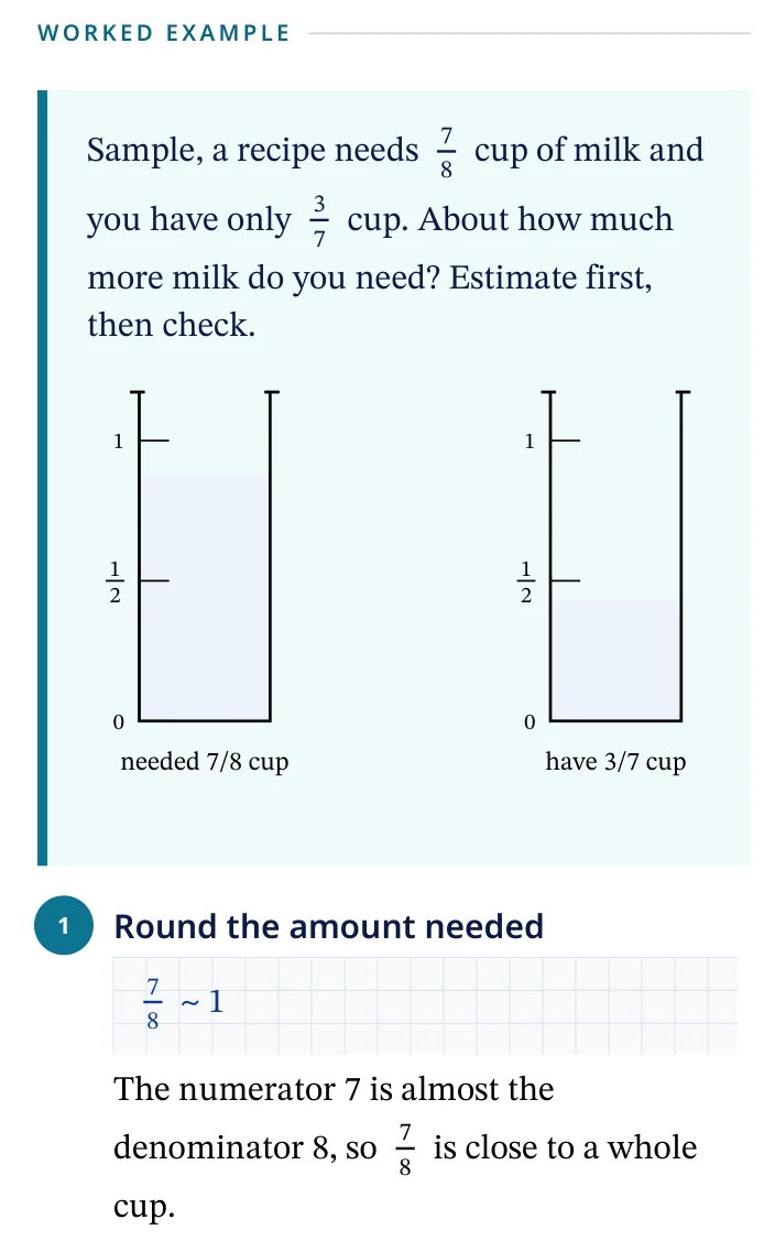 A real Kmath workbook page for a sample grade 5 child: a worked example with a measuring-cup picture, the solution steps, and a Your turn prompt