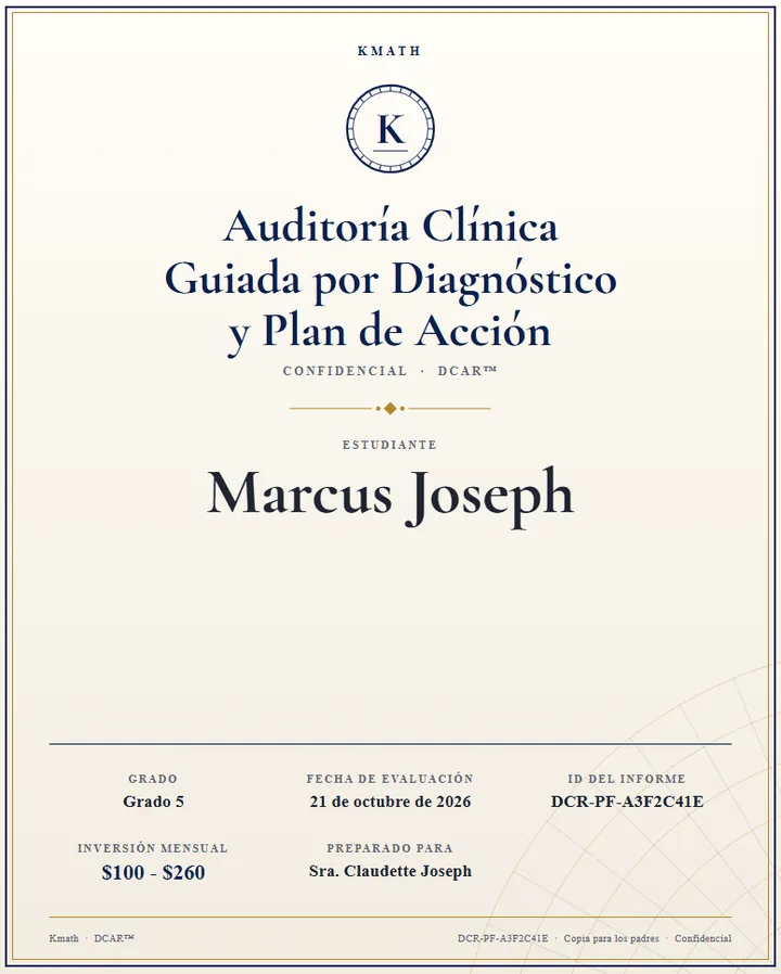 La portada de un informe de muestra de Kmath