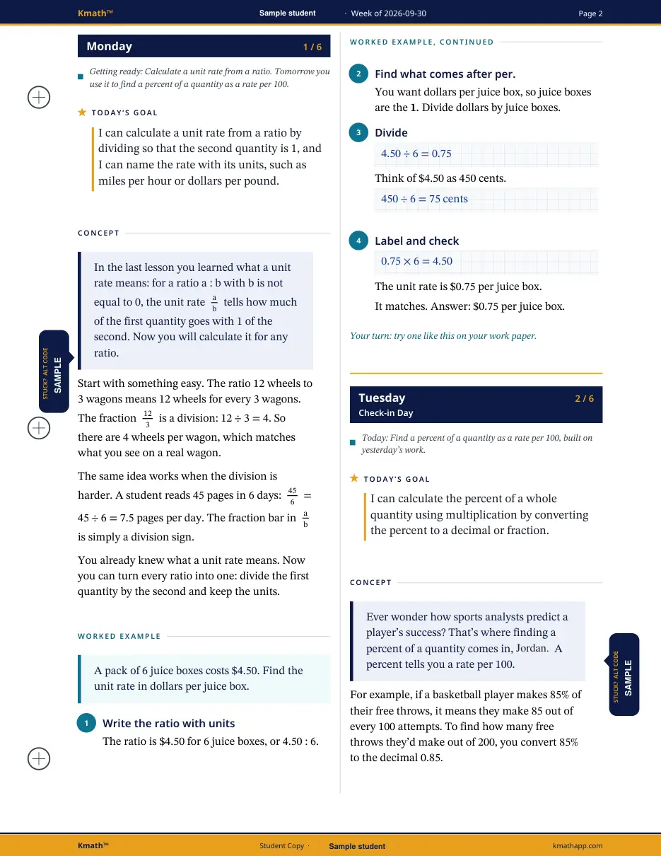 Page de leçon du cahier Kmath avec une lecture du concept et un exemple résolu sur le taux unitaire.