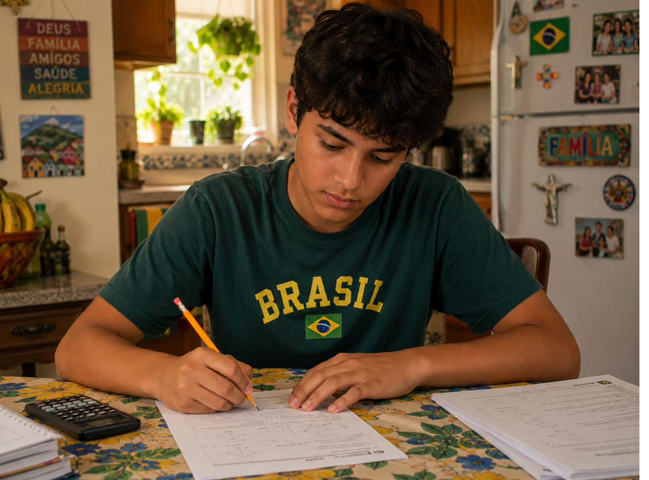 Gabriel trabalhando nas lições em casa
