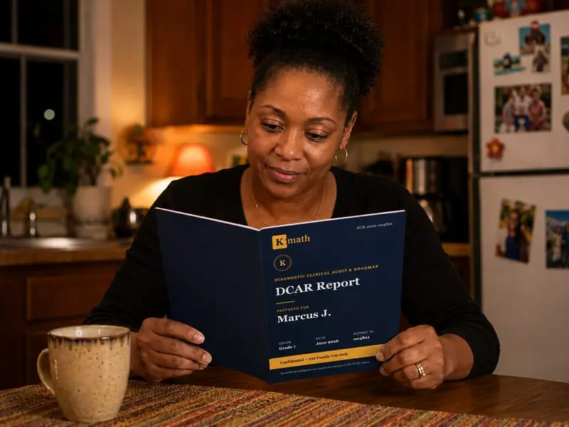 A parent at the kitchen table reading a printed Kmath report.