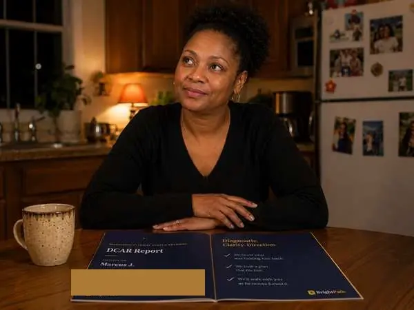 A parent at the table with the Kmath report open in front of her.