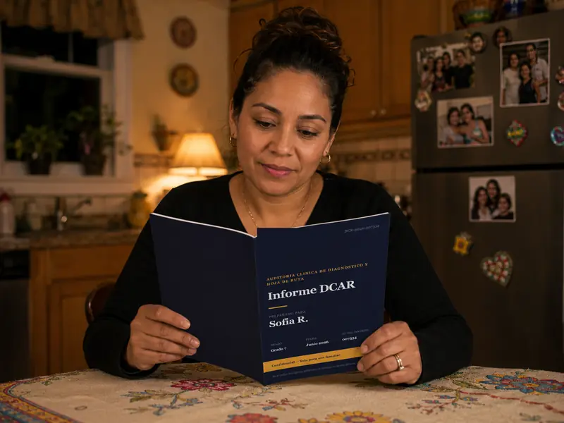 Una madre en la mesa de la cocina leyendo un informe impreso de Kmath.