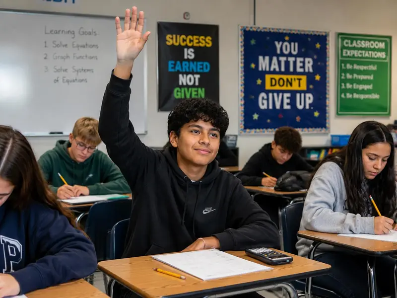 Un estudiante levantando la mano en clase, sonriendo.